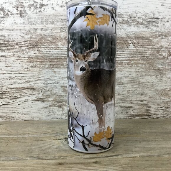 Deer Hunting Winter 20 oz Skinny Tumbler with Straw & Lid - Picture 1 of 5